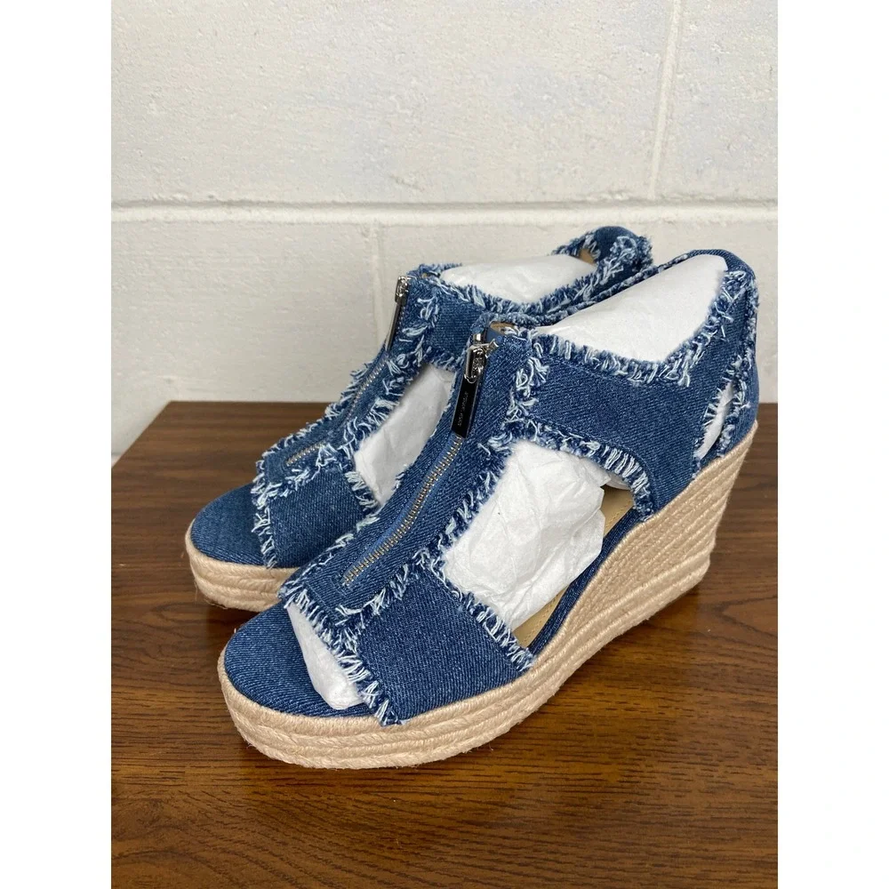 NIB Michael Kors Berkley Mid Denim Espadrille Wedge Zip Up Detail 9.5M‎ Blue